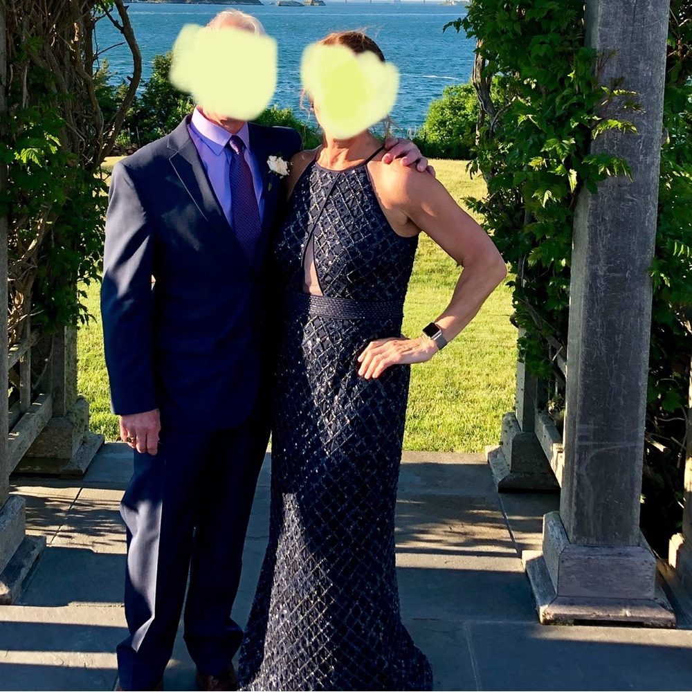 Aidan Mattox Navy High Neck Sequin Long Dress